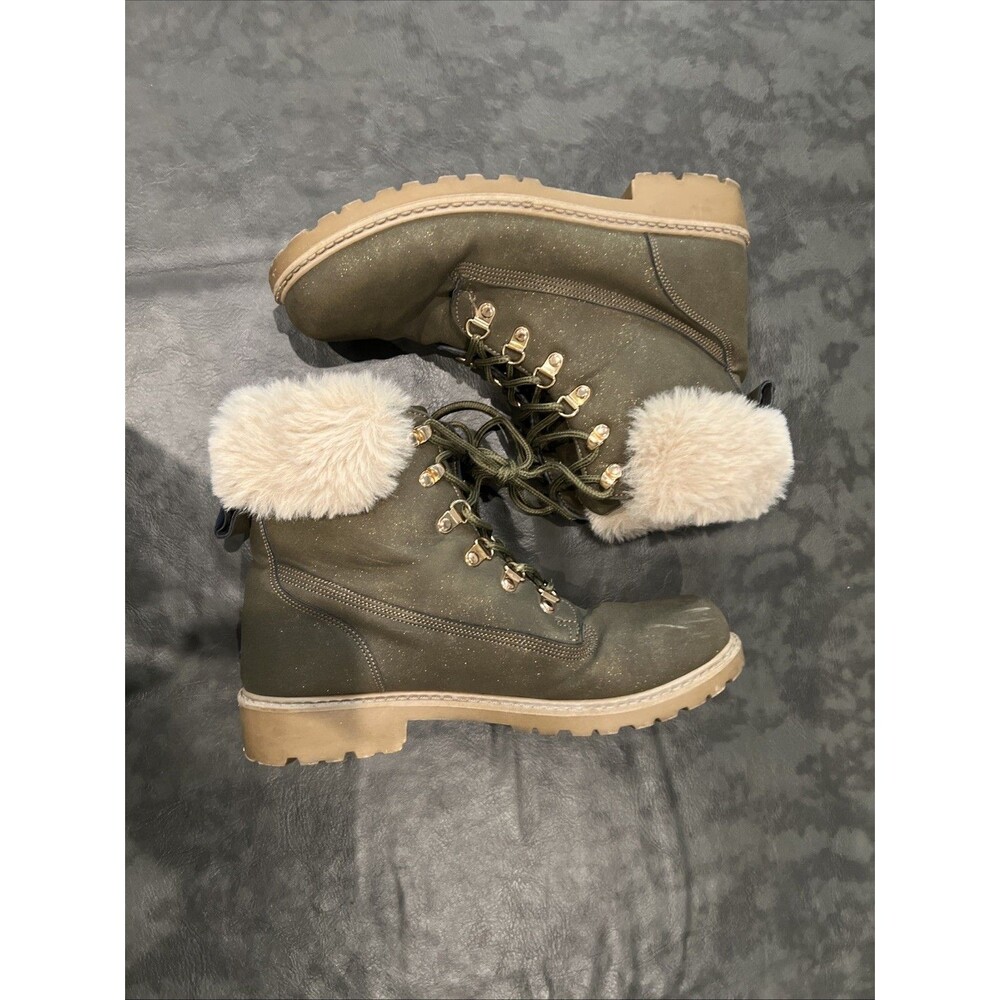 Unbranded faux fur Lace Up boots Sz 10 Green Y2K Grunge Outdoorsy
